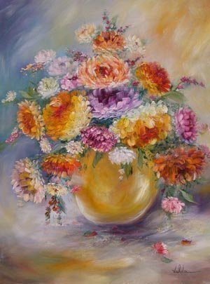 Valda Fitzpatrick, 'Chrysanthemums', 2019, original Painting Oil, 12 x 16  . Artwork description: 1911 yellow and orange chrysanthemums in yellow vase.  painted impressionistic style with added texture.  Adding some texture using a palette knife also adds more depth and life to the flowers.  The floral still life would look lovely in a dining room, hall way decor.  The still life is ...