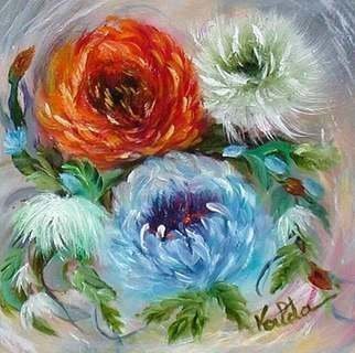 Valda Fitzpatrick; Flower Painting, 2019, Original Painting Oil, 5 x 5 . Artwork description: 241 Assortment of flowers in colors of blue, orange and white.A floral arrangement of mixed colors astersI use impasto, impressionistic style of painting,Ready for hanging and shipping. No need for framing.The sides are painted in color tones to add overall cohesiveness. Edge size 3 ...
