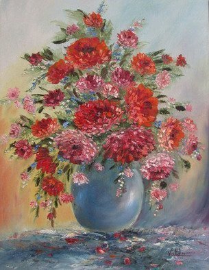Valda Fitzpatrick; Flowers With Blue Vase, 2018, Original Painting Oil, 12 x 16 inches. Artwork description: 241 To add texture to the flowers, I used pure oil paints, Adding shades of pink coral orange colors with small pink flowers , combining cool and warm colors. Painted on stretched canvas. I use my  garden to paint  flowers. ...