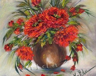 Valda Fitzpatrick; Red Poppies, 2019, Original Painting Oil, 5 x 5 . Artwork description: 241 Small miniature painting of poppies in vase. original floral still life. The poppies are painted impressionistic style, added texture with a palette knife. copyright symbol will not appear on painting. The 5x5 inch painting is great to decorate small area spaces and is ready for hanging. The ...