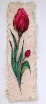 Valda Fitzpatrick, 'Single Red Tulip', 2019, original Paper, 6 x 22  . Artwork description: 2307 This collection is designed by making my own handmade paper, which i start with a collection of material mostly found in my flower garden, which are dried, ground and added to the pulp.  Lastly some Spanish flax is added to form my sheets.When dry , they are ...