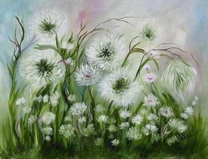 Valda Fitzpatrick, 'White Dandelions', 2019, original Painting Oil, 18 x 14  x 1 . Artwork description: 1911 field of white dandelions landscape.  original landscape oil painting.  scenic flowers painting, field dandelions after blooming, fine art, impressionism, home decor, wall art, great for living room or dining room tranquil colors...