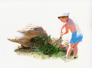 Natallia Valiukevich; Little Gardener, 2018, Original Watercolor, 15 x 11 inches. Artwork description: 241 Watercolor portrait child people roses stones bush sun...