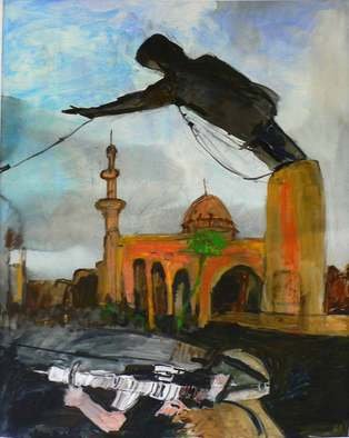 B� Van Der Heide; Falling 3, 2010, Original Painting Acrylic, 160 x 190 cm. Artwork description: 241    Saddam, Iraq, war, soldiers, fire, smoke,  falling statue   ...