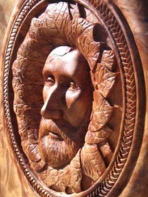 Daniel Holtendorp; Henry Nola, 2014, Original Sculpture Wood, 36 x 36 inches. Artwork description: 241    wood figure carving. togetherness, all humans as one. Green Man of the Woods.  ...