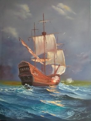 Vasil Vasilev; Pirate Sailboat, 2020, Original Painting Oil, 70 x 50 cm. Artwork description: 241 sea battle, ship, waves, sun, glossy water, gun shot...