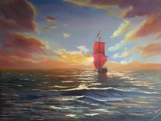 Vasil Vasilev; Red Sails, 2020, Original Painting Oil, 70 x 50 cm. Artwork description: 241 plain air, ship with red sails, Black sea- Bulgaria, sunset...