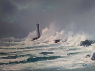 Vasil Vasilev; Storm In Winter, 2020, Original Painting Oil, 61 x 46 cm. Artwork description: 241 storm waves crashing, lighthouse, seagulls, dark sky lighting...
