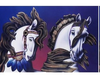 Donald Davenport; Bridled Romance, 2009, Original Mixed Media, 26 x 20 inches. Artwork description: 241 This 26 X 20 original, mixed medium, jewel enhanced print on museum grade paper illustrating realisim to creat two magnificent glass jewel carousel horses.  A mare with hand made embellished gilded broach holding a topaz glass opal to adorn her bridal and a Clydesdale with their flowing ...