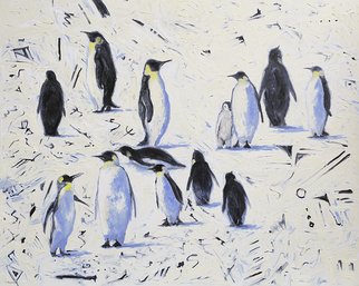 Sergey Lutsenko; 13 Peguins, 2016, Original Painting Oil, 150 x 120 cm. Artwork description: 241 penguins, surrealism, black, white, snow, winter, 13 penguins...