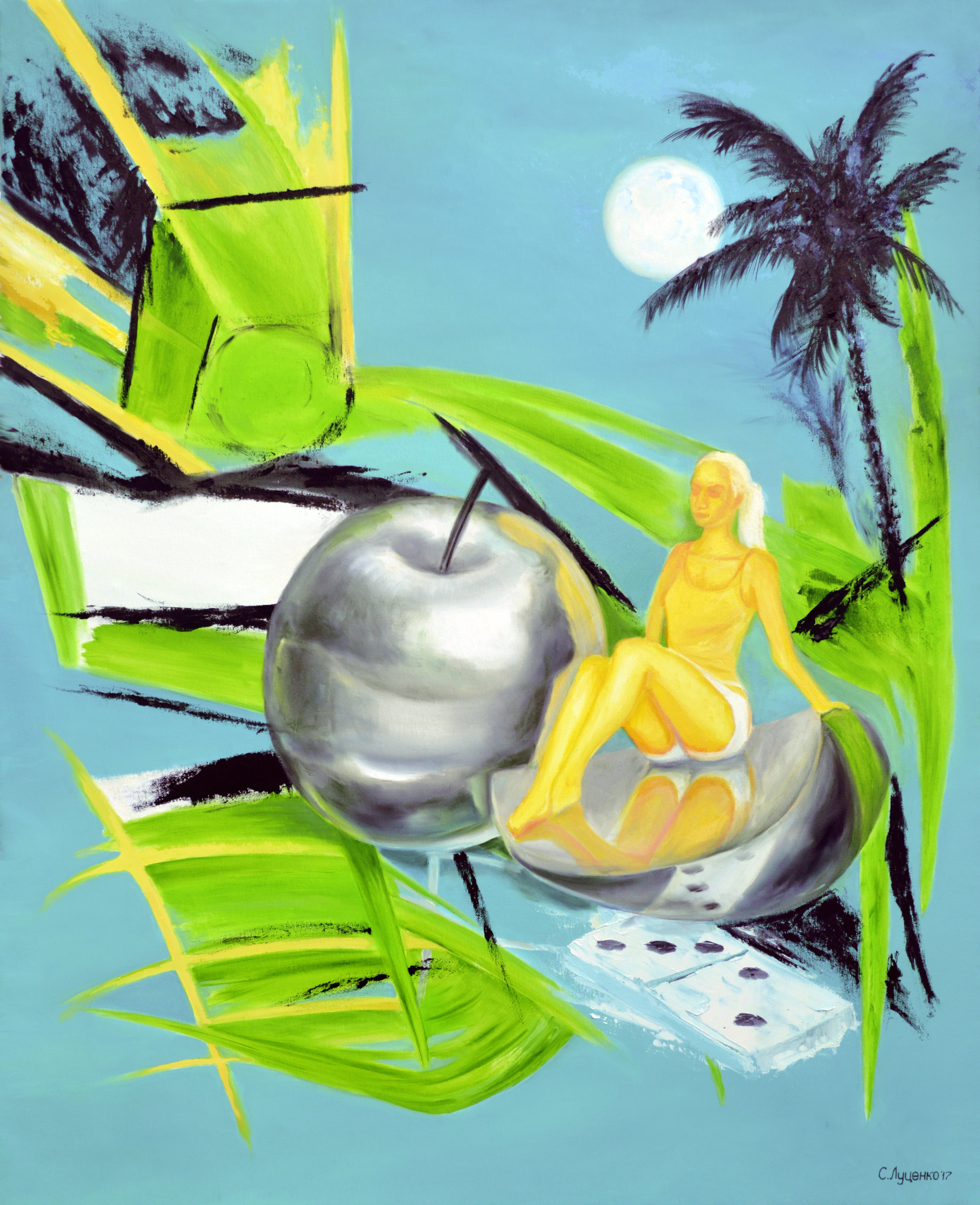 Sergey Lutsenko; Oasis, 2017, Original Painting Oil, 80 x 100 cm. Artwork description: 241 Oasis, SergeyLutsenko, surrealism, girl, apple, palm, moon...