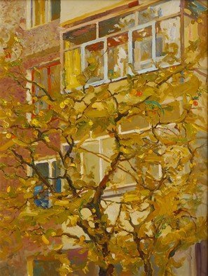 Victor Onyshchenko; Apple Tree, 2013, Original Painting Oil, 60 x 80 cm. Artwork description: 241 Apple- tree near an apartment house.  treebuildingwindowsimpressionismgardenyellowappleautumnfall...