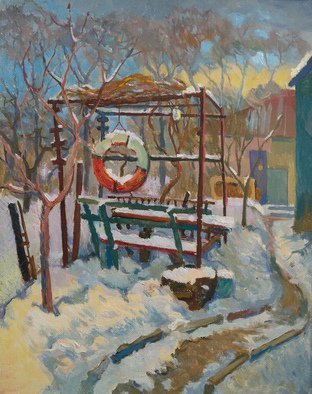 Victor Onyshchenko; Arbour, 2017, Original Painting Oil, 44 x 55 cm. Artwork description: 241 Arbour with a lifebuoy. In the yard in Chernihiv. Winter in Ukraine. ...