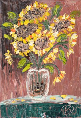 Vitaliy Bilichenko; Sunflowers In Vase, 2017, Original other, 18.8 x 27.5 inches. Artwork description: 241  beauty, single, sunflower, table, vase, yellow, brown, still life, design, green, impressionism, leaves...