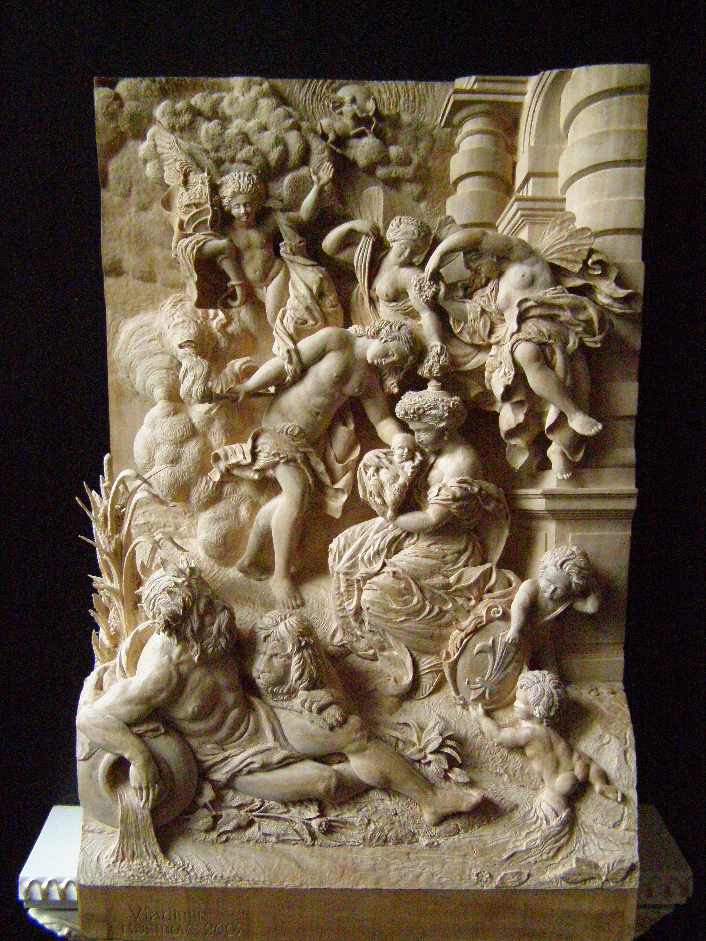 Vladimir Rusinov; Birth Of Queen, 2007, Original Sculpture Wood, 17 x 24 cm. Artwork description: 241  I would like to show my new art brand: Paintings of P. P. Rubens ( 17- 18th century) - - > The canvases of Rubens in J. M. Nattie engravings ( 18th century ) - - - > Ruben' s artworks in high relief images of Vladimir Rusinov ( 21- th century ) . A stage represents the goddess ...