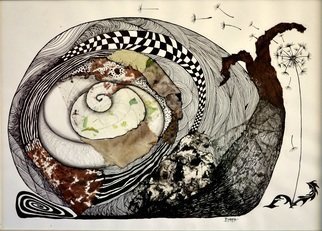 Vyara Tichkova; Encounter, 2018, Original Drawing Other, 48 x 35 cm. Artwork description: 241 vyara tichkova, drawing, mixed technique, animal, snail, collage, dandelion, encounter, black, white...