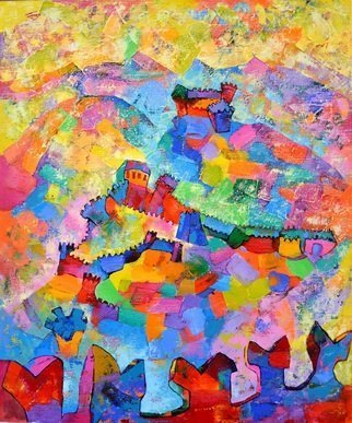 Vyara Tichkova; Bellinzona, 2018, Original Painting Oil, 50 x 60 cm. Artwork description: 241 vyara tichkova, oil, canvas, painting, bellinzona, switzerland, city, town, castles, mountain, castleview, view, colorfull...