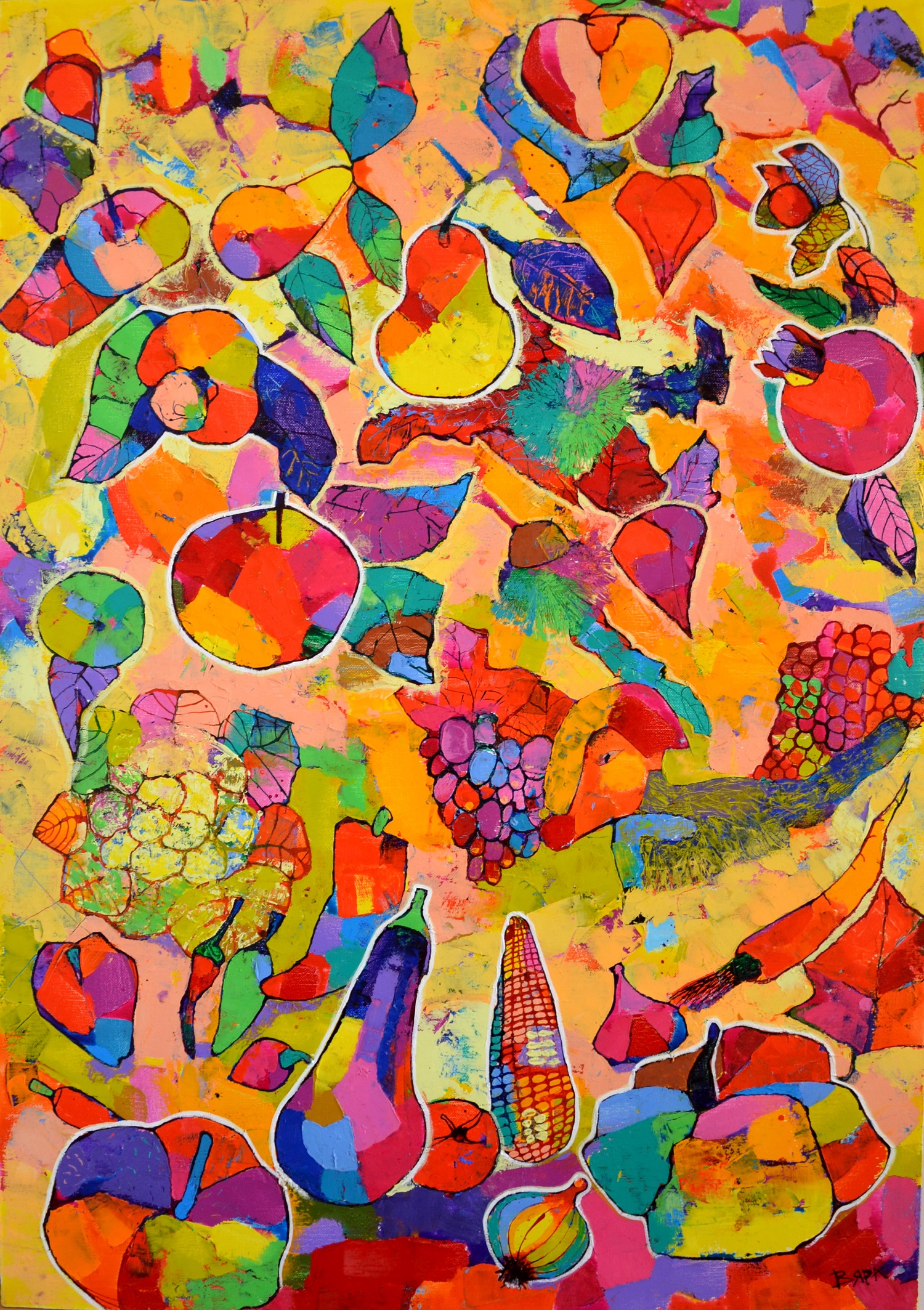 Vyara Tichkova; Fruits, 2019, Original Painting Oil, 70 x 100 cm. Artwork description: 241 vyara tichkova, oil, canvas, painting, fruits, autumn, colorful, vegetables, apple, pear, eggplant, pumpkin, tomato, gabagge, pepper, onion, carrot, fox, grape, ...