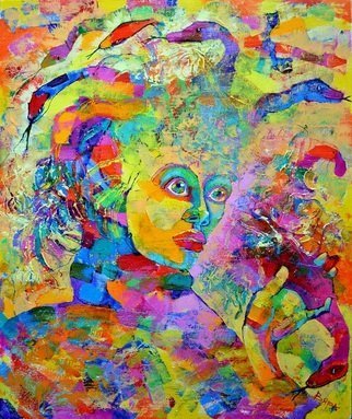 Vyara Tichkova; Gorgona, 2018, Original Painting Oil, 46 x 50 cm. Artwork description: 241 vyara tichkova, oil, canvas, painting, gorgona, woman, snakes, portrait, face, hand, mythology, colorfull...