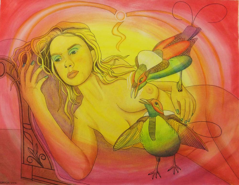 Walter Fydryck; Discontent In Paradise, 2014, Original Drawing Other, 29 x 22 inches. Artwork description: 241 Woman With Bird...