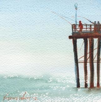 Yevgenia Watts; Fishing At The Pier, 2012, Original Watercolor, 6 x 6 inches. Artwork description: 241   Watercolor on paper   ...