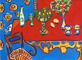 Wayne Ensrud; Red Table, 1999, Original Painting Acrylic, 36 x 27 inches. Artwork description: 241 Pure red and blue converge to create a balanced composition of a dynamic table with fresh flowers and lush fruits...