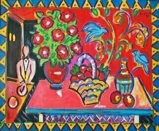 Wayne Ensrud; Still Life At Felidia Nyc, 1996, Original Painting Acrylic, 42 x 32 inches. Artwork description: 241 A vibrantly hued scene of sensations flowers to breathe in, fruits to taste and luscious wine to drink . ...