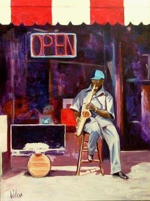 Wayne Wilcox, 'Beale Street Jazz', 2005, original Painting Oil, 36 x 48  x 2 inches. Artwork description: 2307 Jazz musician on Beale Street Memphis. Currently on exhibit at FedexForum Exeuctive Suite Level. ...
