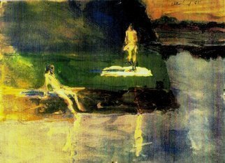 Harry Weisburd, '2 Bather', 1985, original Watercolor, 14 x 11  cm. Artwork description: 12207      2 bathers at ole swimming hole, lake, pond, river     ...
