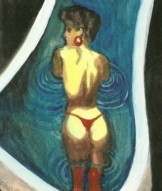 Harry Weisburd, '3D  TAKING A BATH', 2011, original Watercolor, 11 x 14  cm. Artwork description: 18939  3D, Realism,Three Dimensional, traditional painting, Figurative, Semi- nude, bath, water, erotic ...