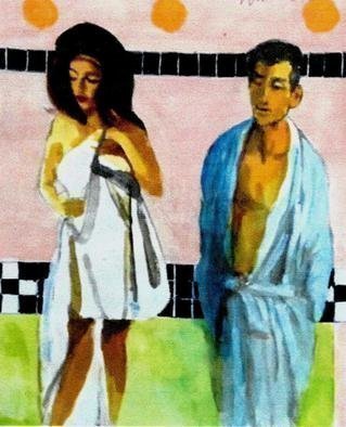 Harry Weisburd, 'After The Bath 2', 2015, original Watercolor, 11 x 14  cm. Artwork description: 10227       Sensual , erotic  sexy woman wearing a towel after a bath with man in bath robe . ...