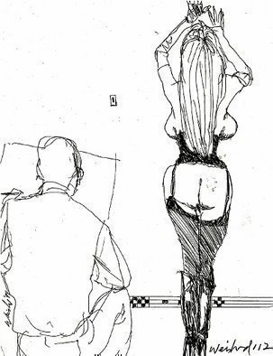 Harry Weisburd, 'Artist And Model ', 2012, original Drawing Pen, 8 x 10  cm. Artwork description: 17355   Artist, model, semi- nude, sensual, erotic, female, woman, black stockings, boots, man, male                                                               ...