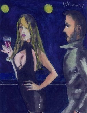 Harry Weisburd, 'Bar Fly In Black  Dress', 2014, original Watercolor, 11 x 14  x 1 cm. Artwork description: 16167       Love, romance,  bar fly in black dress, happy hour, with man              5 Earth Goddesses hills, Yin/ Yang Chinese philosophy  Yin feminine forms in Nature. ( Can  you find the Earth Goddessses hidden in the hills ? )                                                            ...