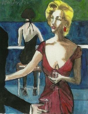 Harry Weisburd, 'Blonde Bar Fly  3D', 2012, original Watercolor, 11 x 14  cm. Artwork description: 16959     Blonde in Red Dress , looking for love, romance, bar  3D art. Free complementary 3D glasses with order.                                                                            ...