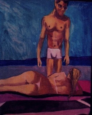 Harry Weisburd, 'Blonde In Bikini ', 2015, original Watercolor, 11 x 14  cm. Artwork description: 11811      Blonde in a bikini on a beach chair on the beach, by the ocean sea with man looking.          ...