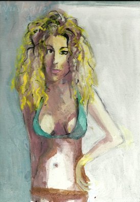Harry Weisburd, 'Blonde In Blue Top', 2013, original Watercolor, 9 x 12  cm. Artwork description: 15771  Sensual blonde woman  semi- nude, wearing a blue top and panty. Erotic, sensual painting    5 Earth Goddesses hills, Yin/ Yang Chinese philosophy  Yin feminine forms in Nature. ( Can  you find the Earth Goddessses hidden in the hills ? )                                                                           ...