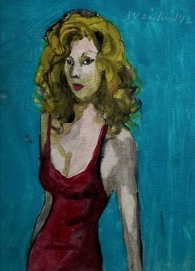 Harry Weisburd, Barb b que for three, 2014, Original Watercolor, size_width{Blonde_In_Red_Dress-1400132626.jpg} X 12 inches