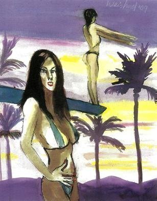 Harry Weisburd, 'CALIFORNIA DREAMIN', 2009, original Watercolor, 11 x 14  cm. Artwork description: 16959     2 Bikini women, one on high diving board , California Sunset sky                                                                             ...