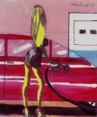 Harry Weisburd, 'California  Fill Er UP  1', 2014, original Watercolor, 11 x 14  cm. Artwork description: 15375   Typically dressed California style dress woman, getting gas for her car , Woman is sensual, sexy and erotic                                                                           ...