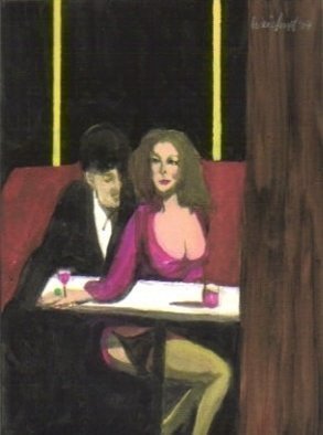 Harry Weisburd, 'DRINKS FOR TWO', 2007, original Watercolor, 11 x 16  cm. Artwork description: 23295  ORIGINAL WATERCOLOR ON STRETCHED CANVAS, 12 INCHES WIDE X 16 INCHES HIGHPRICE: $750LIMITED EDITION OF 50, COLOR XEROX PRINT, 11 INCHES WIDE X 16 INCHES HIGH, SIGNED AND NUMBERED BY THE ARTIST.PRICE: $75 EACH, UNFRAMED. ...