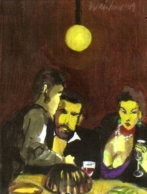 Harry Weisburd, 'Dinner For Two', 2009, original Watercolor, 12 x 12  cm. Artwork description: 20523   love, romance, couple, male , female, man, woman, food,        ...