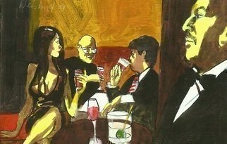 Harry Weisburd, 'Drinks For Three', 2009, original Watercolor, 14 x 11  cm. Artwork description: 18147  Realism, Figurative,   Erotic, Sensual, woman, female, love, romance,  man, , realistic , figurative , party, drinks, people, dinner                            ...