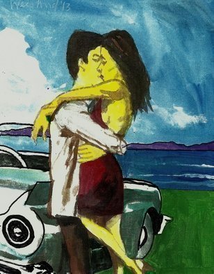 Harry Weisburd, 'Embracable   You', 2014, original Watercolor, 11 x 14  cm. Artwork description: 15771     Love, romance,   man and woman hugging each other  at the beach . with a car  with clouds in blue sky landscape            5 Earth Goddesses hills, Yin/ Yang Chinese philosophy  Yin feminine forms in Nature. ( Can  you find the Earth Goddessses hidden in the hills ? )                                                                 ...