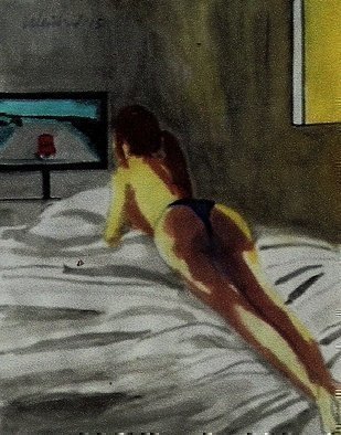 Harry Weisburd, 'Figure Watching TV', 2015, original Watercolor, 11 x 14  cm. Artwork description: 12603                         Semi nude  watching wide screen tv in bed                    ...