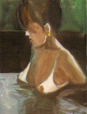 Harry Weisburd, 'HOT TUB BABE', 2007, original Watercolor, 8 x 11  cm. Artwork description: 23295  Watercolor painting on canvas of California life style. Woman in a hot tub, mostly submerged. Only her head and breasts can be seen. Very erotic and sensual painting. Available as a limited edition color xerox print, Signed and numbered by the artst. ...