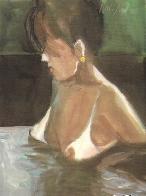 Harry Weisburd, 'Hot Tub  Babe', 2006, original Watercolor, 8 x 12  cm. Artwork description: 16167     Woman in hot tub, nude with  tan .                 5 Earth Goddesses hills, Yin/ Yang Chinese philosophy  Yin feminine forms in Nature. ( Can  you find the Earth Goddessses hidden in the hills ? )                                                       ...