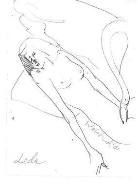 Harry Weisburd, 'Leda And The Swan', 2001, original Drawing Pen, 8 x 11  cm. Artwork description: 23295 ORIGINAL PEN AND INK DRAWING...