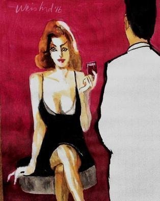 Harry Weisburd, 'Love And Romance  10', 2016, original Watercolor, 11 x 14  cm. Artwork description: 10227     Sensual , erotic  sexy woman in  black dress with cocktail seeking love and romance with man in white suit  ...