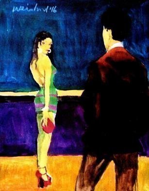 Harry Weisburd, 'Love And Romance   9', 2016, original Watercolor, 11 x 14  cm. Artwork description: 10227  Sensual , erotic, sexy woman in stripe dress looking for love and romance with man  ...
