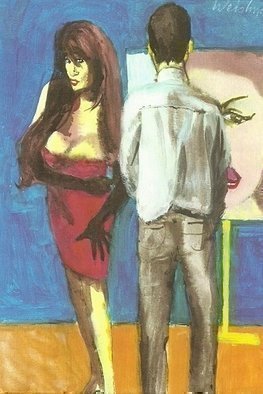 Harry Weisburd, 'MODEL IN RED DRESS 3D', 2011, original Watercolor, 11 x 14  cm. Artwork description: 18939   Realism, Figurative, Female, woman,  realistic, erotic, sensual, man  3D, Three Dimensional       ...